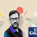 An illustration of a cat and a dog either side of a photograph cutout of Tim Dowling, in front of a background of different coloured circles and pen strokes