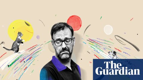 An illustration of a cat and a dog either side of a photograph cutout of Tim Dowling, in front of a background of different coloured circles and pen strokes